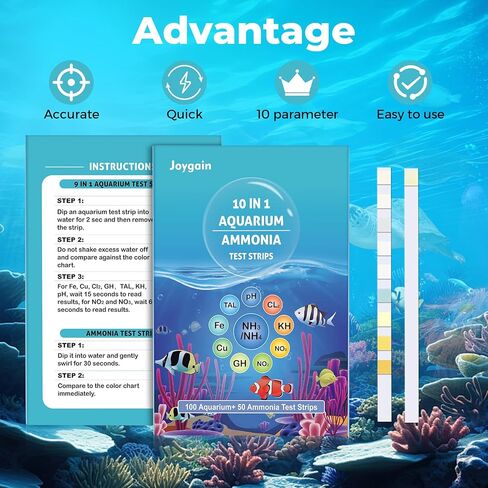 مجموعة اختبار الأمونيا 10 في 1 من Joygain لحوض السمك، 150 قطعة من شرائط اختبار حوض السمك، مجموعة اختبار مياه خزان الأسماك دقيقة وسريعة مناسبة للمياه المالحة والمياه العذبة، واختبار درجة حموضة المياه، والنتريت، والنترات والمزيد in Kuwait