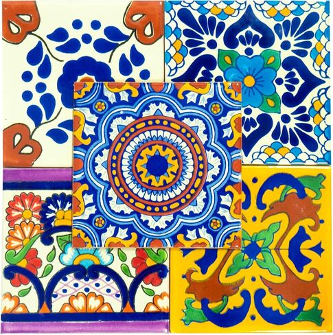 بلاط تالافيرا المكسيكي فن البحر الأبيض المتوسط ​​الإسباني الملون 6 × 6 بوصة فسيفساء سيراميك مرسومة يدويًا للحمام والجدار والمرآة والفخار ديكور ريفي للمطبخ (10) in Kuwait