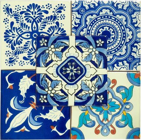 بلاط تالافيرا المكسيكي فن البحر الأبيض المتوسط ​​الإسباني الملون 6 × 6 بوصة فسيفساء سيراميك مرسومة يدويًا للحمام والجدار والمرآة والفخار ديكور ريفي للمطبخ (10) in Kuwait