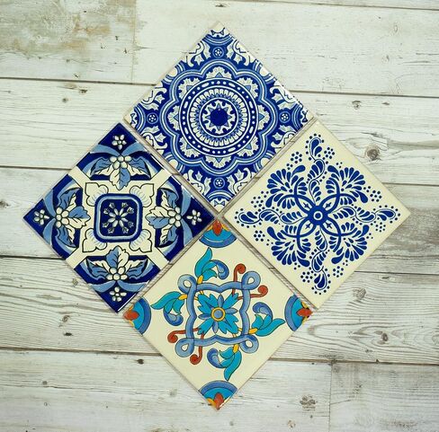 بلاط تالافيرا المكسيكي فن البحر الأبيض المتوسط ​​الإسباني الملون 6 × 6 بوصة فسيفساء سيراميك مرسومة يدويًا للحمام والجدار والمرآة والفخار ديكور ريفي للمطبخ (10) in Kuwait