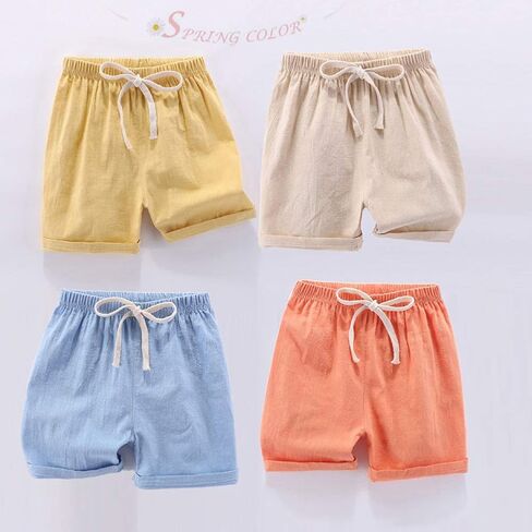 DUBASAM شورت صيفي للأطفال الصغار من القطن والكتان بلون سادة مع رباط 2-7T in Kuwait