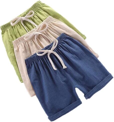 DUBASAM شورت صيفي للأطفال الصغار من القطن والكتان بلون سادة مع رباط 2-7T in Kuwait