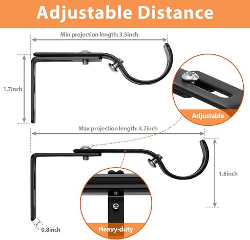 دعامات قضبان ستائر قابلة للتعديل، حوامل قضبان ستائر سهلة التركيب قابلة للتمديد لقضبان ستائر بقطر 4/5 بوصة إلى 1 بوصة، دعامات قضبان متينة مثبتة على الحائط، عبوتان، أسود in Kuwait