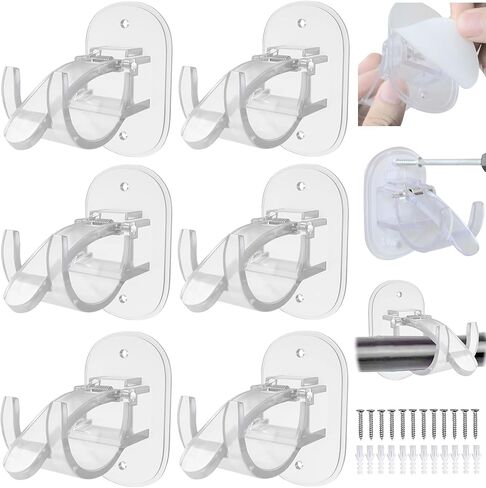 حاملات قضبان الستارة ذاتية اللصق، بدون دعامات ستارة مثقبة، دعامات قضبان ستارة سهلة بدون مثقاب، لغرفة النوم، وغرفة المعيشة، والمطبخ، والحمام (عبوة سوداء من 6 قطع) in Kuwait