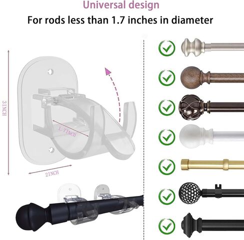 حاملات قضبان الستارة ذاتية اللصق، بدون دعامات ستارة مثقبة، دعامات قضبان ستارة سهلة بدون مثقاب، لغرفة النوم، وغرفة المعيشة، والمطبخ، والحمام (عبوة سوداء من 6 قطع) in Kuwait