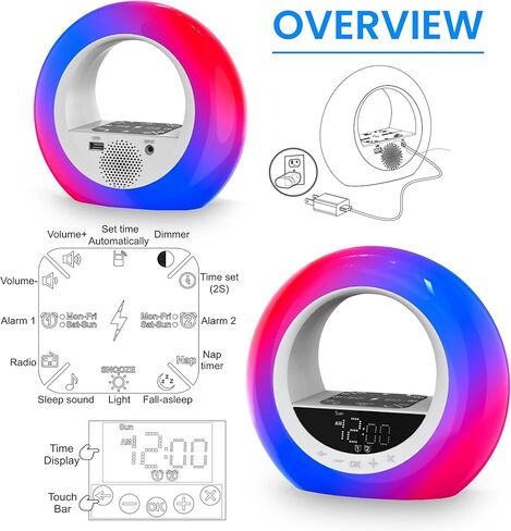 ساعة منبه لشروق الشمس من OMEO مع شحن لاسلكي للنوم الثقيل، ساعة منبه لأشعة الشمس للبالغين، ساعة منبه خفيفة مع صوت مهدئ و16 تأثيرات إضاءة ناعمة، هدية مثالية in Kuwait