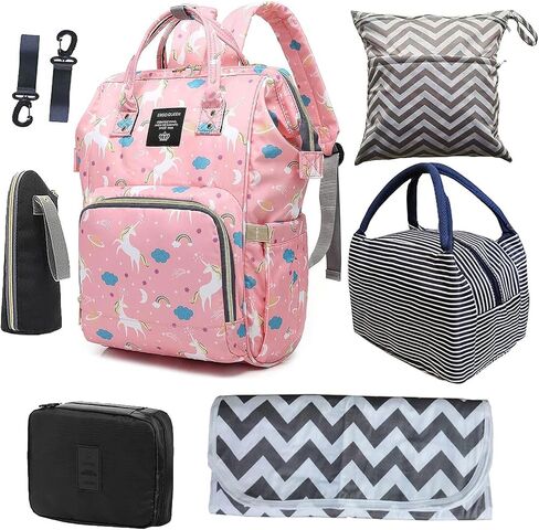 ERGO QUEEN Diaper Bag Set, Multifunction 8-in-1 Baby Care Backpack for Mom Dad, Large Capacity, Unisex Travel Back Pack, Waterproof Wet Dry Bags, Baby Nursing Organizer, Pink in Saudi Arabia