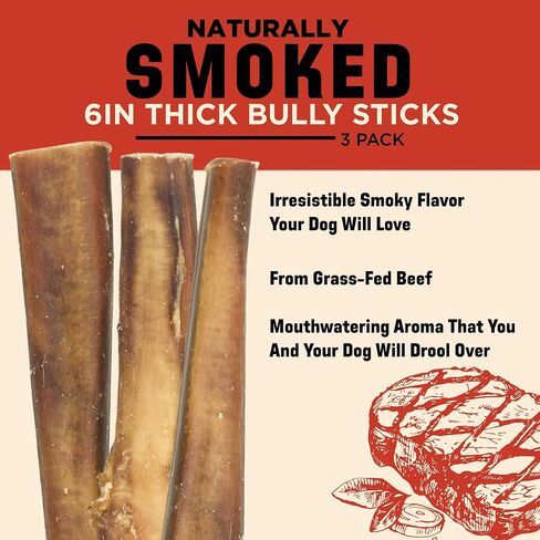 Barkworthies USA Hickory Smoked Bully Sticks 6" Thick 3-Pack | Irresistible Flavor, Amazing Odor | Dental Health | Long Lasting Dog Chews in Saudi Arabia