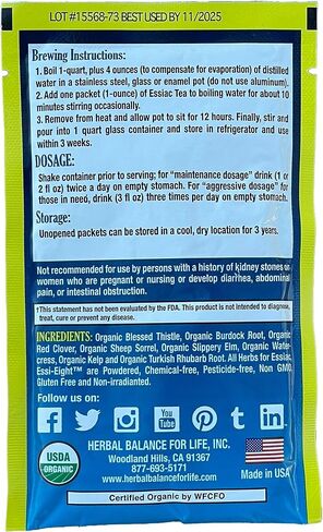 Essiac Tea in 32-1 Oz. Packets Makes, 32-1 Quart Bottles (8 Gal.) Essiac Tea, 256 Day Supply, Eight Herb Upgraded Formula, Certified Organic Essiac, Certified by WFCFO in Saudi Arabia