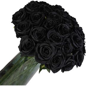 Laelfe 12 PCS Artificial Flowers Black Roses, Fake Silk Flower Long Stem Artificial Black Rose for Halloween Home Wedding Party Decorations(Black)