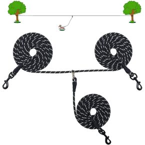 Boswany 20FT / 32FT Dog Tie Out Run Rope نظام عربة مع مقود عداء 8FT، حبل طويل من النايلون العاكس للتخييم في الفناء في الهواء الطلق، ربطة عنق للكلاب لكلبين صغيرين أو متوسطين