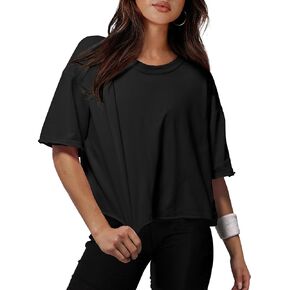XIEERDUO Cotton Tshirts for Women Drop Shoulder Round Neck Oversized Crop Tops Workout Tops Tees