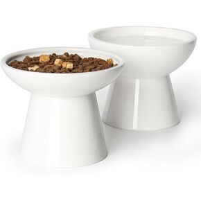 YauYik Raised Cat Food Water Bowl Set, 6.2inch Extra Wide Elevated Cat Bowls, Shallow Cat Food Dish Whisker Friendly for Cats Small Dogs, Raised Design for Pet Easy Eating, White, Set of 2