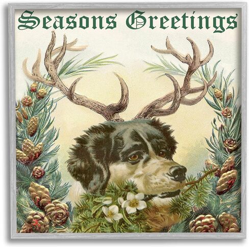 Stupell Industries Seasons Greetings Dog Wearing Antlers لوحة فنية جدارية مؤطرة بحدود نباتية، تصميم أليسيا لونجلي in Kuwait