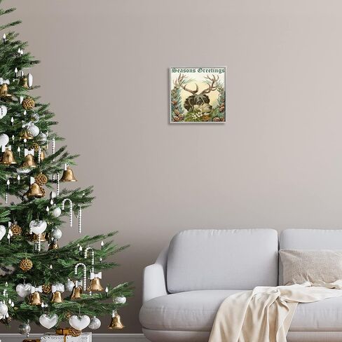 Stupell Industries Seasons Greetings Dog Wearing Antlers لوحة فنية جدارية مؤطرة بحدود نباتية، تصميم أليسيا لونجلي in Kuwait