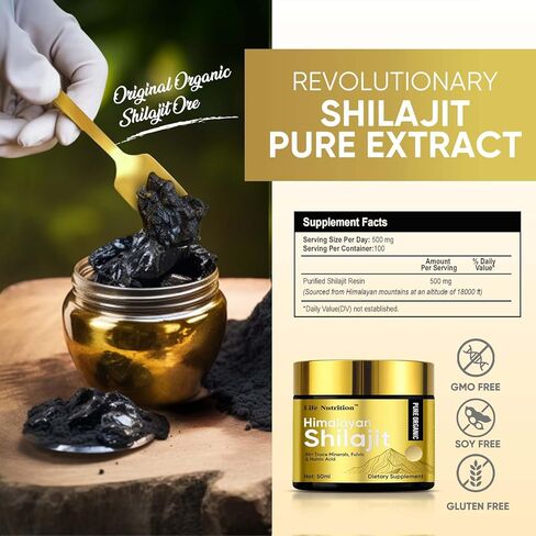 شيلاجيت راتنج الهيمالايا العضوي النقي، 500 مجم مكمل من راتنج شيلاجيت الطبيعي مع 85+ مركب معادن نادرة للطاقة ودعم المناعة والصحة العامة in Kuwait