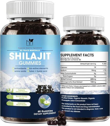 Shilajit Gummies, Pure Organic Shilajit Supplement with Ashwagandha for Men & Women from Himalayan, Chewables Shilajit with 85+ Trace Minerals & Fulvic Acid for Energy & Immune Support -60 Count in Kuwait