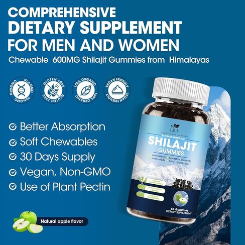 Shilajit Gummies, Pure Organic Shilajit Supplement with Ashwagandha for Men & Women from Himalayan, Chewables Shilajit with 85+ Trace Minerals & Fulvic Acid for Energy & Immune Support -60 Count in Kuwait