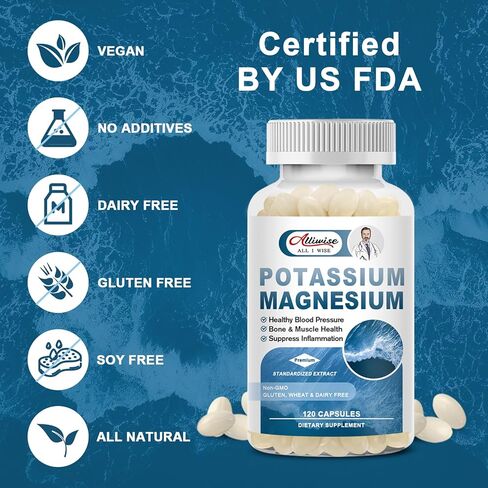 Premium Magnesium Potassium Supplement - 120 Capsules- Bone & Muscle Relaxation,Mood & Energy Support in Kuwait