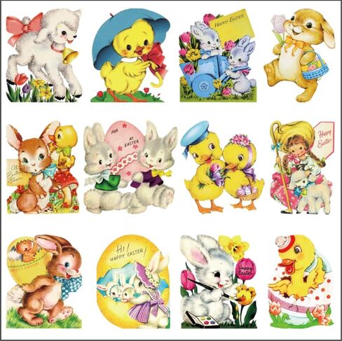 ​GreenPine Vintage Easter Cutouts Decorating Retro Easter Victorian Stickers [Stationery] Craft Bunny Lamb Chick Egg Artwork Cardboard with Glue Point for Home Wall Window Decor​ 12Pcs in Saudi Arabia