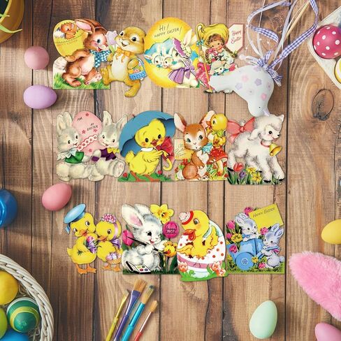 ​GreenPine Vintage Easter Cutouts Decorating Retro Easter Victorian Stickers [Stationery] Craft Bunny Lamb Chick Egg Artwork Cardboard with Glue Point for Home Wall Window Decor​ 12Pcs in Saudi Arabia
