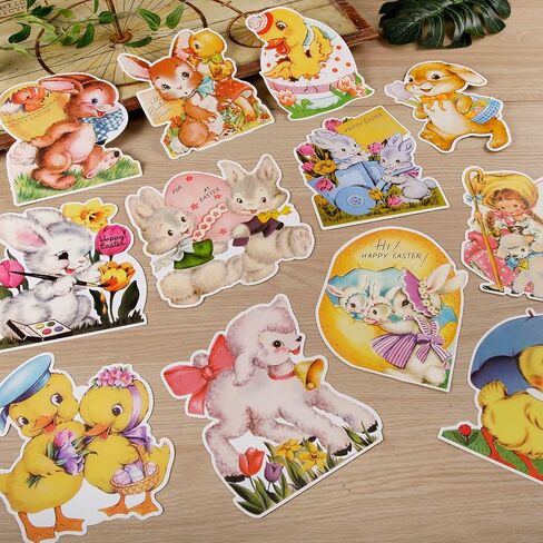 ​GreenPine Vintage Easter Cutouts Decorating Retro Easter Victorian Stickers [Stationery] Craft Bunny Lamb Chick Egg Artwork Cardboard with Glue Point for Home Wall Window Decor​ 12Pcs in Saudi Arabia