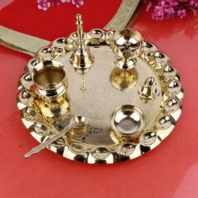 SATVIK 10 Inch Brass Puja Thali Set of 7 | Handcrafted Design for Divine Blessings | Ideal Housewarming Return Gift | Perfect for Festivals & Worship | Complete Puja Thali Set in Saudi Arabia