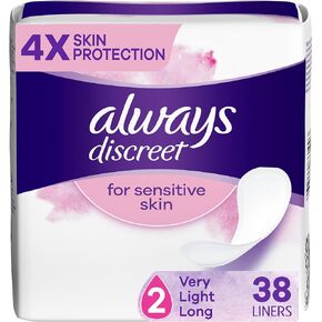Always Discreet for Sensitive Skin Lines، خفيفة الامتصاص وطويلة الأمد، حماية للبشرة أربع مرات، ناعمة، تم اختبارها من قبل أطباء الجلدية، خالية من العطور، 38 قطعة in Kuwait