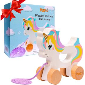TOYLI Wooden Unicorn Push & Pull Along Toy Developmental Montessori Toddler Pull Toys Improves Balance Strength Confidence for Infants Develop Cognitive Skills Baby Toddlers 18 Month Pull Toy