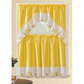 American Linen 3 Piece Embroidered Window Curtain Set, Valance and Tiers, with Embroidery (Butterfly Blue)