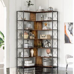 7 Tier L-Shaped Corner Bookshelf with Adjustable Feet Pad, Industrial Storage Shelves with Metal Shelf for Living Room, Bedroom, Office, Grey+Brown, MDF Board, Multi-Function Storage, Easy Assemble in Kuwait