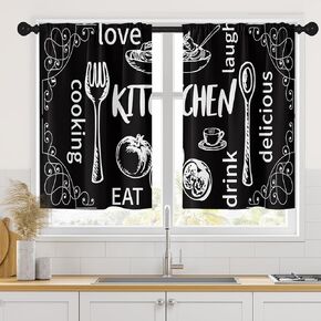Black Kitchen Curtains 36 Inch Length White Kitchen Doodle Window Curtains Over Sink Set of 2, Modern Short Tier Curtain for Kitchen, Abstract Over Sink Small Kitchen Decor 34x36 Inch in Kuwait