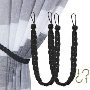 Home Queen Hand Braided Curtain Tie Back, Buckle Holdback Drapery Curtain Tiebacks, 4 Rope Belt Curtain Tie with 4 Metal Hooks, Beige and Silver