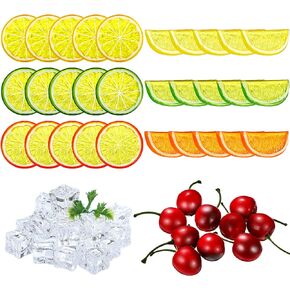 90 Pieces Fake Fruits Ice Cube Set, Including 30 Simulation Lemon Slice Lemon Lime Slice 50 Clear Acrylic Ice Cube 10 Artificial Cherry Fruit Model for Home Decor Wedding Vase Filler Photo Prop in Kuwait