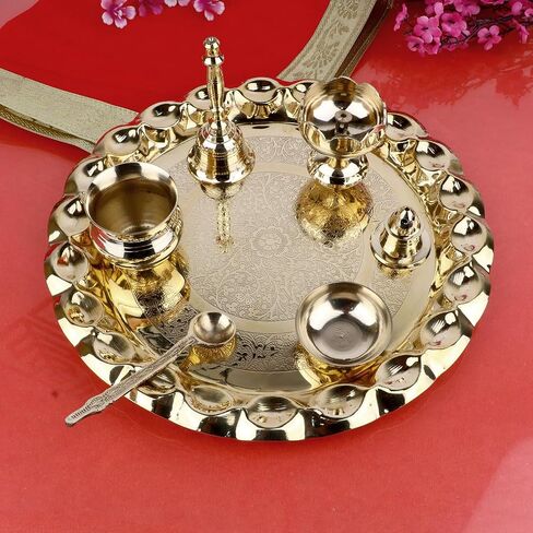 SATVIK 10 Inch Brass Puja Thali Set of 7 | Handcrafted Design for Divine Blessings | Ideal Housewarming Return Gift | Perfect for Festivals & Worship | Complete Puja Thali Set in Saudi Arabia