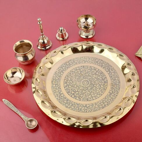 SATVIK 10 Inch Brass Puja Thali Set of 7 | Handcrafted Design for Divine Blessings | Ideal Housewarming Return Gift | Perfect for Festivals & Worship | Complete Puja Thali Set in Saudi Arabia