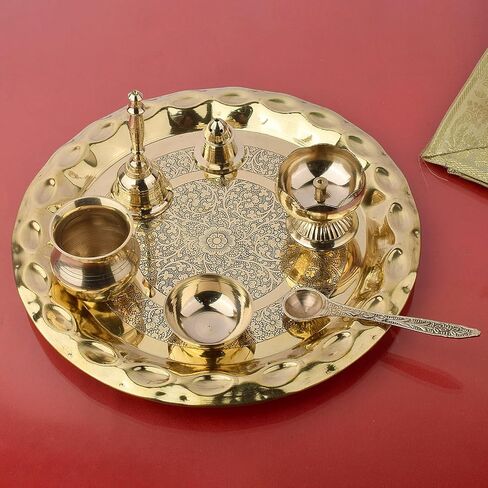 SATVIK 10 Inch Brass Puja Thali Set of 7 | Handcrafted Design for Divine Blessings | Ideal Housewarming Return Gift | Perfect for Festivals & Worship | Complete Puja Thali Set in Saudi Arabia