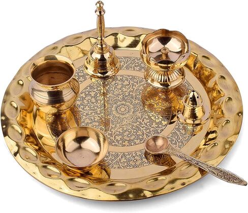 SATVIK 10 Inch Brass Puja Thali Set of 7 | Handcrafted Design for Divine Blessings | Ideal Housewarming Return Gift | Perfect for Festivals & Worship | Complete Puja Thali Set in Saudi Arabia
