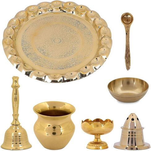 SATVIK 10 Inch Brass Puja Thali Set of 7 | Handcrafted Design for Divine Blessings | Ideal Housewarming Return Gift | Perfect for Festivals & Worship | Complete Puja Thali Set in Saudi Arabia
