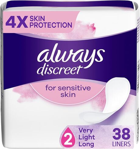Always Discreet for Sensitive Skin Lines، خفيفة الامتصاص وطويلة الأمد، حماية للبشرة أربع مرات، ناعمة، تم اختبارها من قبل أطباء الجلدية، خالية من العطور، 38 قطعة in Kuwait