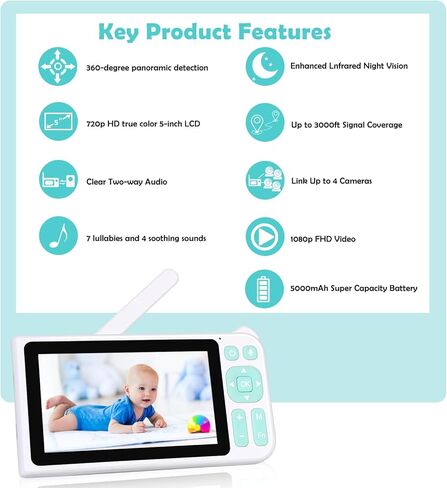 جهاز مراقبة الأطفال BLAZEVIDEO 1080p FHD مع شاشة 5 بوصات، نطاق 3000 قدم، صوت ثنائي الاتجاه، رؤية ليلية، تهويدات، بطارية 5000 مللي أمبير في الساعة وتكبير/تصغير قابل للإمالة in Kuwait