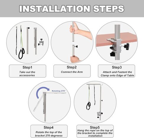 Foldable Pet Grooming Arm with Clamp, 39.4" Height Adjustable Dog/Cat Grooming Loop Noose & Two No Sit Haunch Holder for Medium & Small Pets, Portable Pet Grooming Tool (Silver), Not Include Table in Kuwait