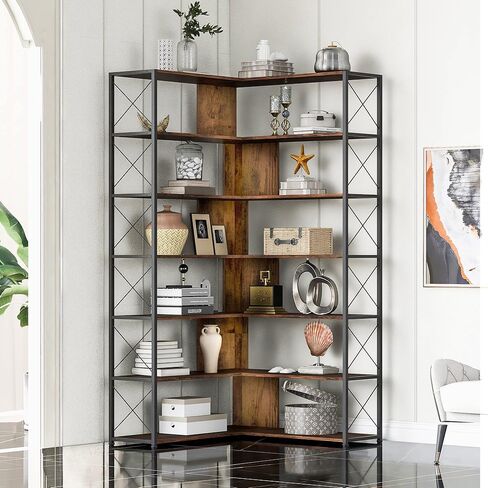 7 Tier L-Shaped Corner Bookshelf with Adjustable Feet Pad, Industrial Storage Shelves with Metal Shelf for Living Room, Bedroom, Office, Grey+Brown, MDF Board, Multi-Function Storage, Easy Assemble in Kuwait