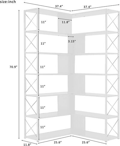 7 Tier L-Shaped Corner Bookshelf with Adjustable Feet Pad, Industrial Storage Shelves with Metal Shelf for Living Room, Bedroom, Office, Grey+Brown, MDF Board, Multi-Function Storage, Easy Assemble in Kuwait