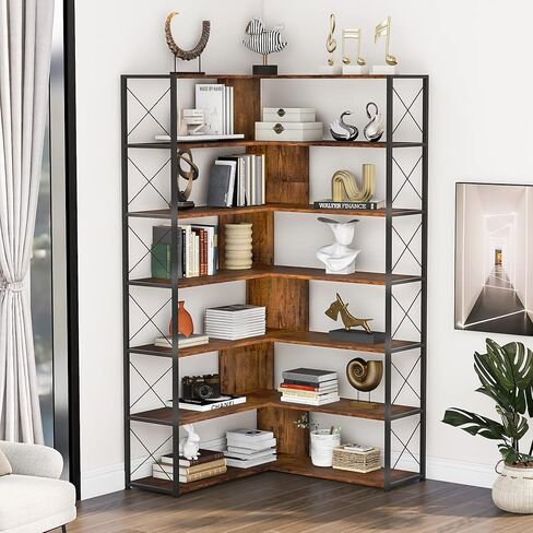 7 Tier L-Shaped Corner Bookshelf with Adjustable Feet Pad, Industrial Storage Shelves with Metal Shelf for Living Room, Bedroom, Office, Grey+Brown, MDF Board, Multi-Function Storage, Easy Assemble in Kuwait
