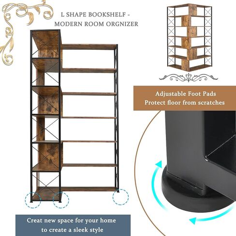 7 Tier L-Shaped Corner Bookshelf with Adjustable Feet Pad, Industrial Storage Shelves with Metal Shelf for Living Room, Bedroom, Office, Grey+Brown, MDF Board, Multi-Function Storage, Easy Assemble in Kuwait
