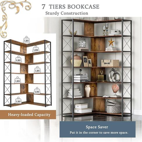 7 Tier L-Shaped Corner Bookshelf with Adjustable Feet Pad, Industrial Storage Shelves with Metal Shelf for Living Room, Bedroom, Office, Grey+Brown, MDF Board, Multi-Function Storage, Easy Assemble in Kuwait