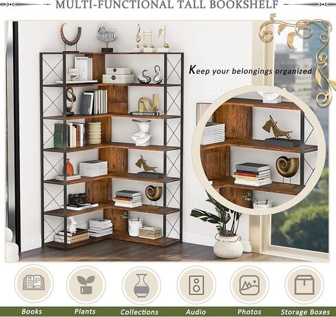 7 Tier L-Shaped Corner Bookshelf with Adjustable Feet Pad, Industrial Storage Shelves with Metal Shelf for Living Room, Bedroom, Office, Grey+Brown, MDF Board, Multi-Function Storage, Easy Assemble in Kuwait