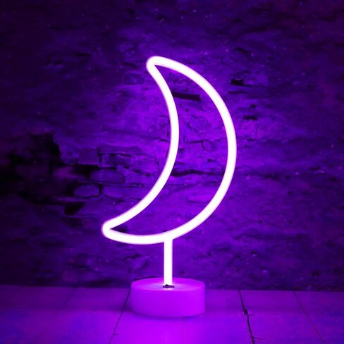 LED Moon Neon Signs Halloween Decor, Purple Crescent Night Lights USB Battery Operated Moon Lamp for Birthday Party, Wedding, Christmas Decorations-Moon with Holder Base(Purple) in Kuwait