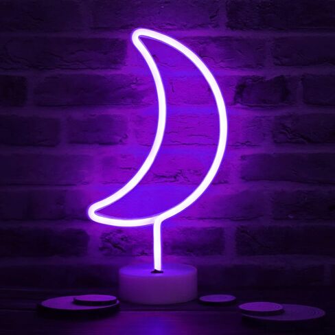 LED Moon Neon Signs Halloween Decor, Purple Crescent Night Lights USB Battery Operated Moon Lamp for Birthday Party, Wedding, Christmas Decorations-Moon with Holder Base(Purple) in Kuwait